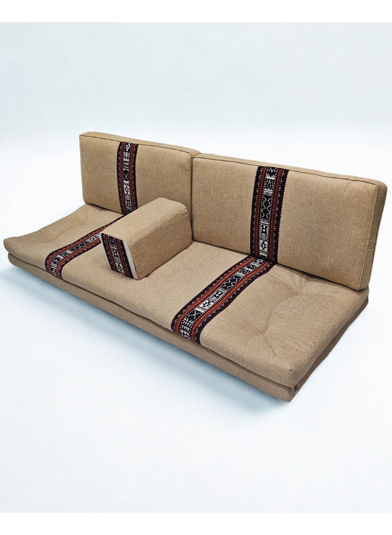 سمارت هوم جلسة أرضية تراثية عربية لأربعة أشخاص 4 قطع  بمقاس (طول 70 سم × عرض 200 سم × ارتفاع 60 سم) – مفروشات مجالس عربية مريحة مع مسند وظهر مزخرف – جلسة أرضية للمنزل، الضيوف، المخيمات والرحلات - مجلس يكفي 4 اشخاص - Image 3