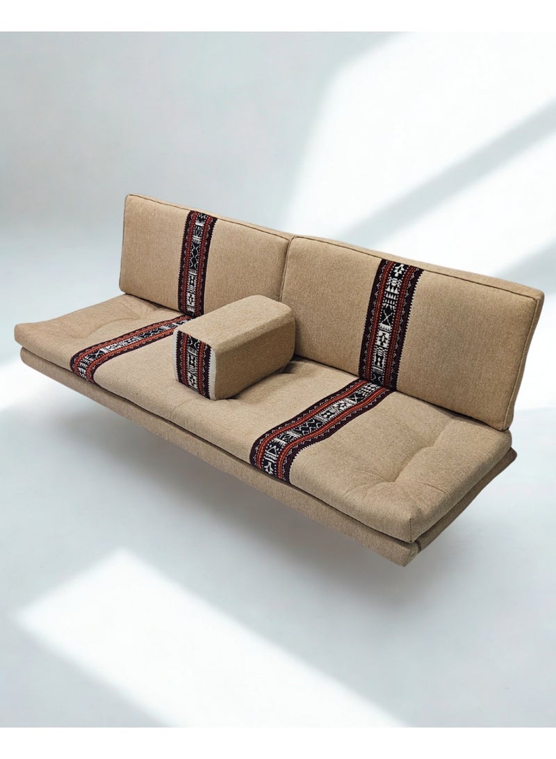 سمارت هوم جلسة أرضية تراثية عربية لأربعة أشخاص 4 قطع  بمقاس (طول 70 سم × عرض 200 سم × ارتفاع 60 سم) – مفروشات مجالس عربية مريحة مع مسند وظهر مزخرف – جلسة أرضية للمنزل، الضيوف، المخيمات والرحلات - مجلس يكفي 4 اشخاص - Image 2