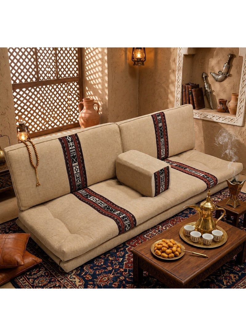 سمارت هوم جلسة أرضية تراثية عربية لأربعة أشخاص 4 قطع  بمقاس (طول 70 سم × عرض 200 سم × ارتفاع 60 سم) – مفروشات مجالس عربية مريحة مع مسند وظهر مزخرف – جلسة أرضية للمنزل، الضيوف، المخيمات والرحلات - مجلس يكفي 4 اشخاص - Image 1
