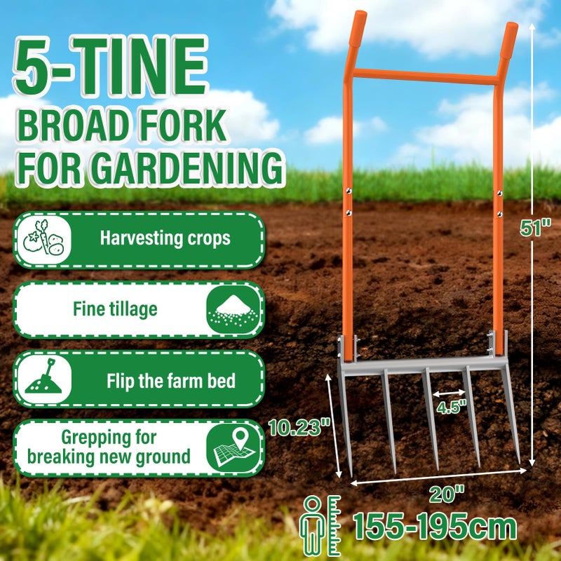VASALAID Broadfork 5-Tine Broad Fork for Gardening Ergonomic U-Shaped Design Heavy Duty Broadfork Tool for Gardening Cultivating Farm Garden Digging Crushing Aerate Soil - Image 2