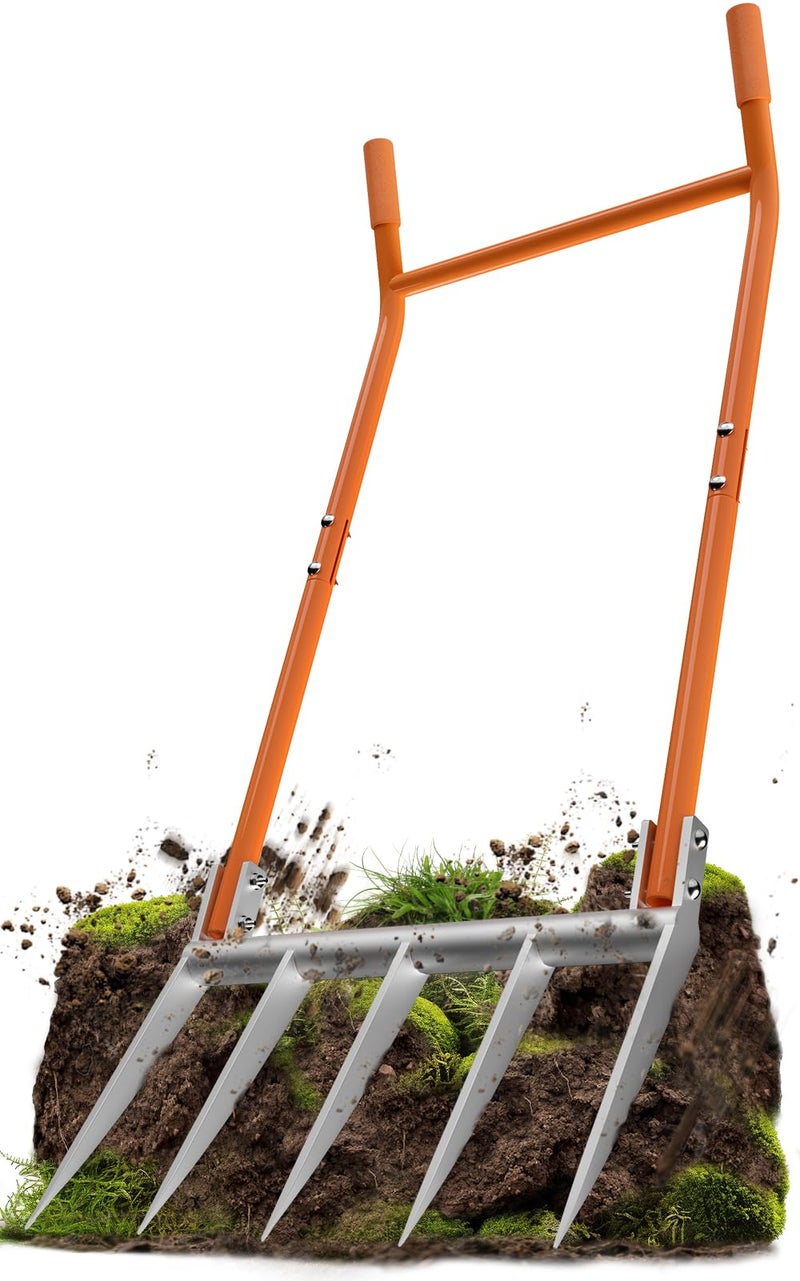 VASALAID Broadfork 5-Tine Broad Fork for Gardening Ergonomic U-Shaped Design Heavy Duty Broadfork Tool for Gardening Cultivating Farm Garden Digging Crushing Aerate Soil - Image 1