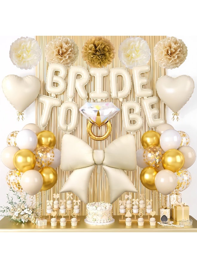 Balloon World 42-Pack Beige Gold Series Bride to Be Decorative - Includes Bride to Be, a bow, a diamond ring, heart-shaped foil balloons, decorative balls, a rain curtain, and latex balloons. For Bachelorette Party Decorations, Bridal Shower, Party Decor and Supplies - Image 1