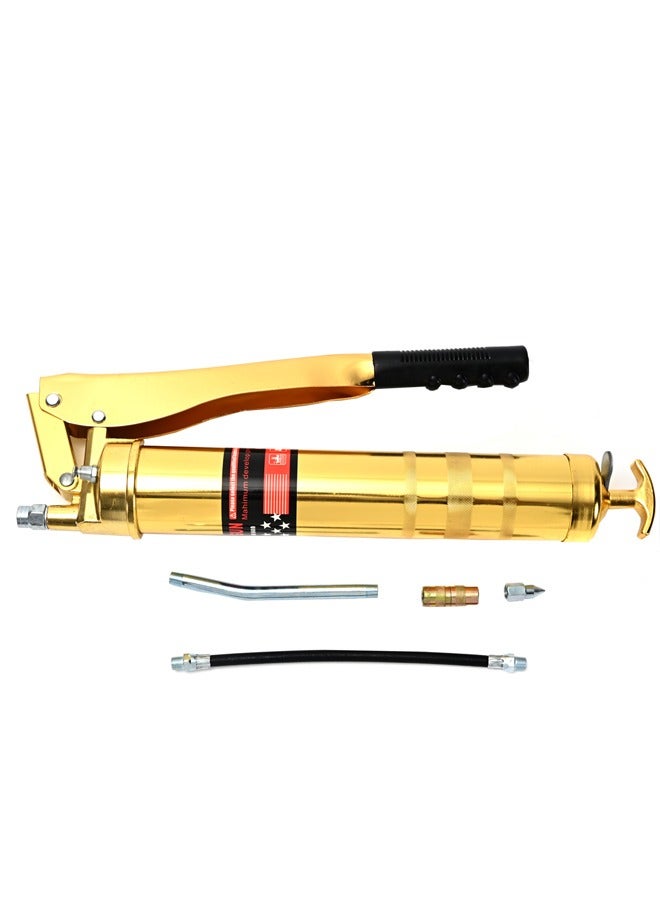 Top Grade Grease Gun - Gold - Heavy-Duty Dual Piston High-Pressure Hand Pump for Automotive and Industrial Lubrication - Ergonomic Design with Easy-Load Mechanism and Pressure Gauge Included - Image 4