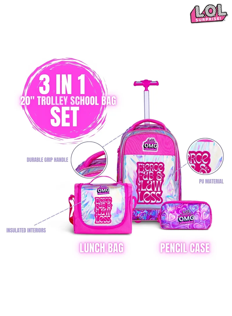ام جي اي MGA LOL  20 Inch Kids Premium 3-in-1 Trolley School Bag Set - Ergonomic Backpack, Insulated Lunch Bag & Pencil Case,Lightweight, Durable, Students 6+ - Perfect for Travel & School,For Girls