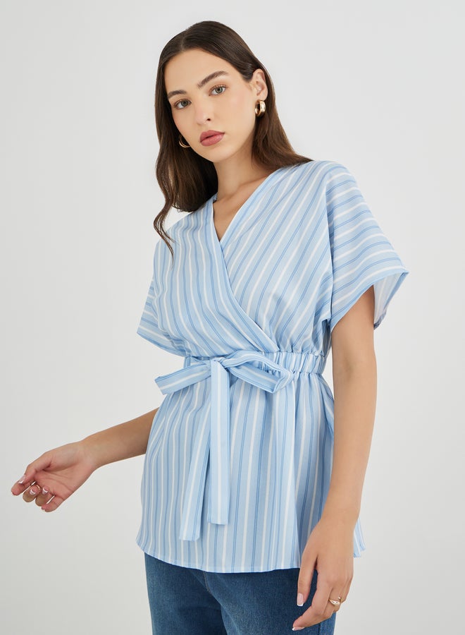 Take Two Striped V-Neck Waist Tie Blouse - Image 1