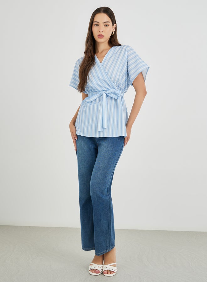 Take Two Striped V-Neck Waist Tie Blouse - Image 2