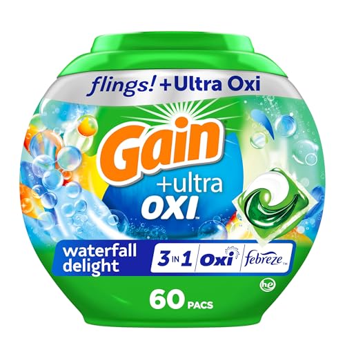 Gain flings Ultra Oxi Laundry Detergent Pacs, 60 Count, Waterfall Delight Scent, 3-in-1, HE Compatible - Image 1