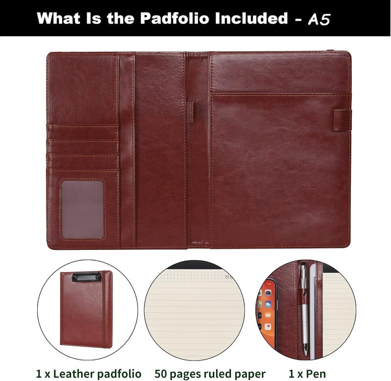 WONDERPOOL A5 PU Leather Clipboard Partfolio Notepad Forms Holders Document Case - Interview Planner Meeting Writing Padfolio File for Office Travel School Hotel Hospital (A5,Brown) - Image 3