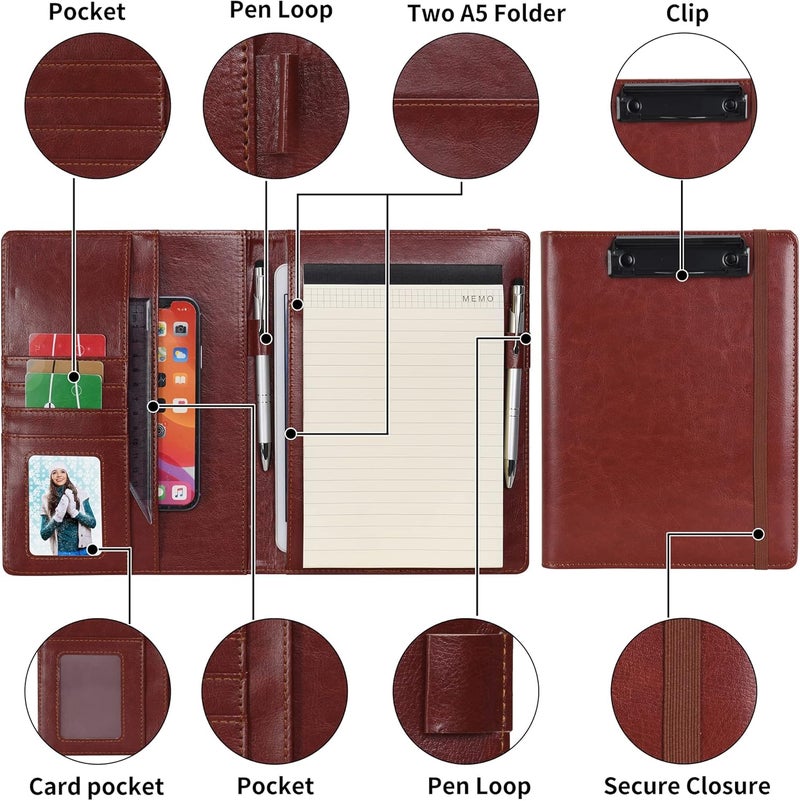 WONDERPOOL A5 PU Leather Clipboard Partfolio Notepad Forms Holders Document Case - Interview Planner Meeting Writing Padfolio File for Office Travel School Hotel Hospital (A5,Brown) - Image 5