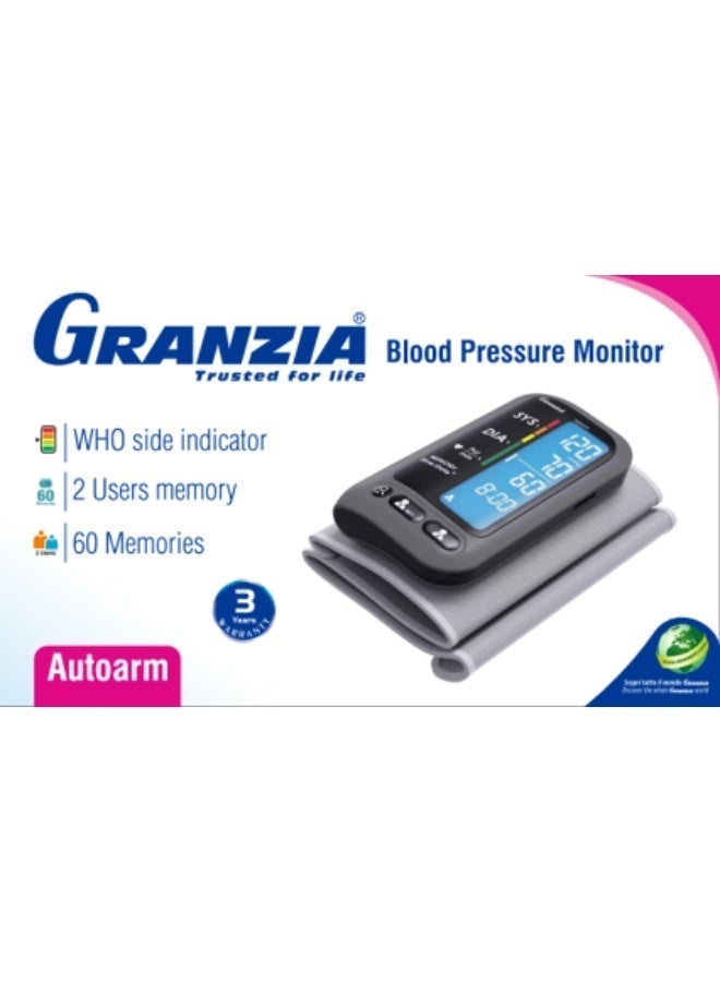 Granzia Autoarm Upper Arm Blood Pressure Monitor, Digital BP Machine with Large Cuff (22-42 cm), Rechargeable, 2-User Memory (120 Readings), Irregular Heartbeat Detection, WHO Indicator - Image 3