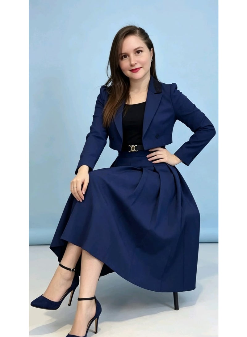 Navy Blue Cropped Blazer & High-Waist Skirt Set with Statement Belt