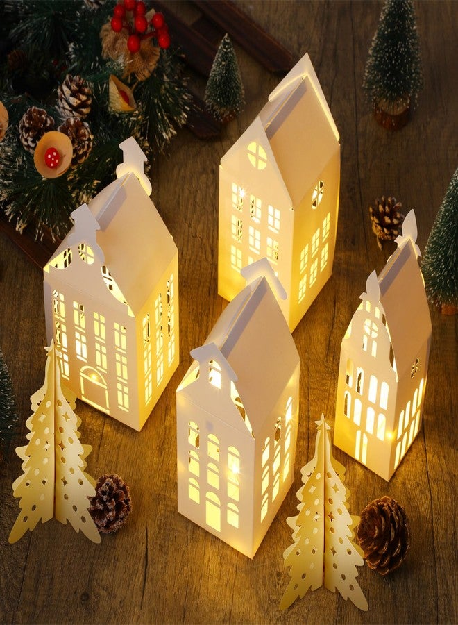 Rossesay 10 Pcs 3D Christmas Village Houses Sets White Winter Village with Light Xmas Houses and Trees Lantern Paper Decoration Christmas Figurines Scene Desktop Ornament for Home Xmas Village Party Decor - Image 2