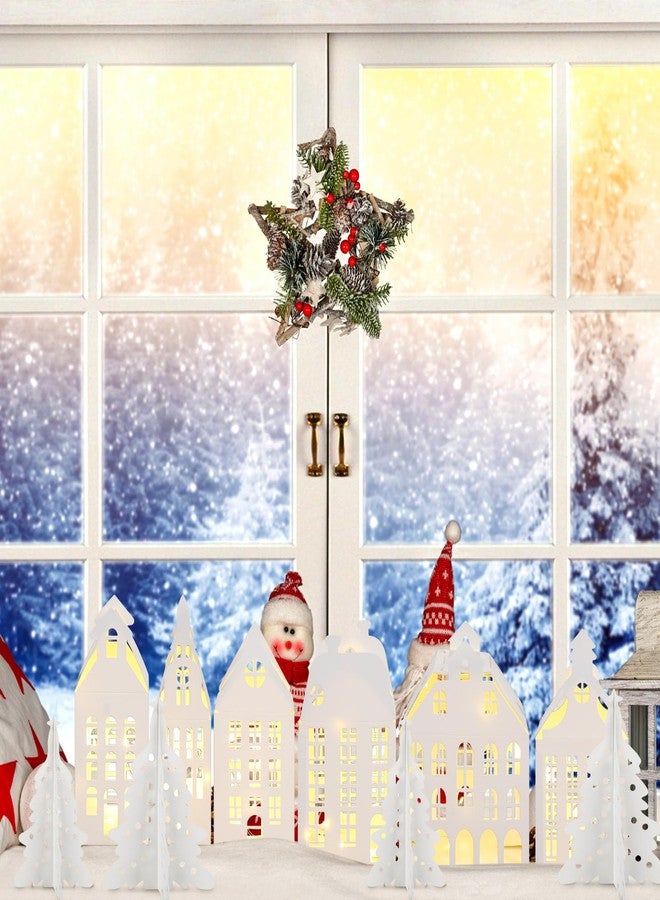 Rossesay 10 Pcs 3D Christmas Village Houses Sets White Winter Village with Light Xmas Houses and Trees Lantern Paper Decoration Christmas Figurines Scene Desktop Ornament for Home Xmas Village Party Decor - Image 5