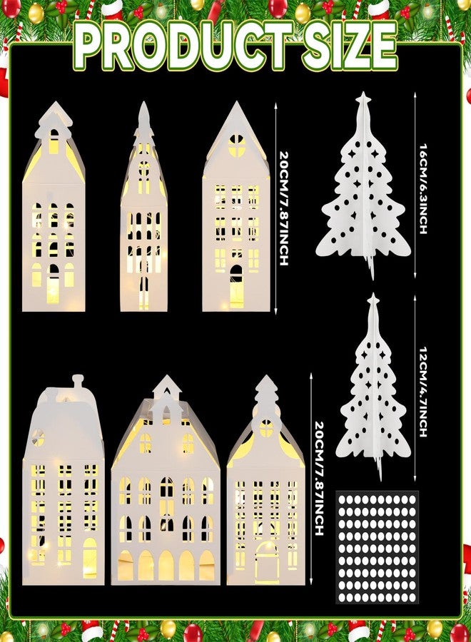 Rossesay 10 Pcs 3D Christmas Village Houses Sets White Winter Village with Light Xmas Houses and Trees Lantern Paper Decoration Christmas Figurines Scene Desktop Ornament for Home Xmas Village Party Decor - Image 3