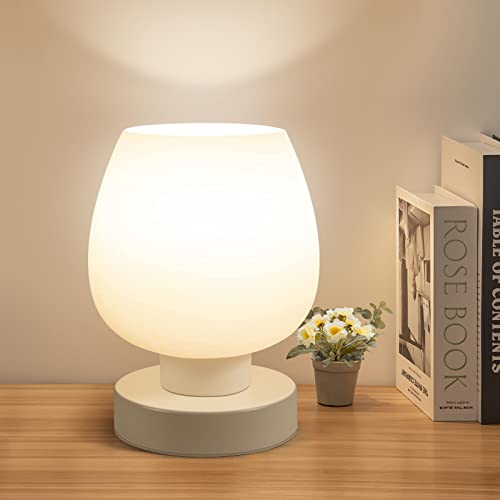 OneWish Touch Bedside Table Lamp - Modern Small Lamp for Bedroom Living Room Nightstand, Desk lamp with White Opal Glass Lamp Shade, Warm LED Bulb, 3 Way Dimmable, Simple Design - Image 1