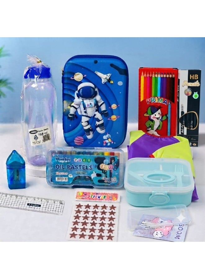 Complete 12-piece school supply set for boys: space-themed pencil case, lunch box, water bottle, art apron, coloring supplies, pencils, ruler, sharpener, eraser, stickers, and name tag. - Image 1