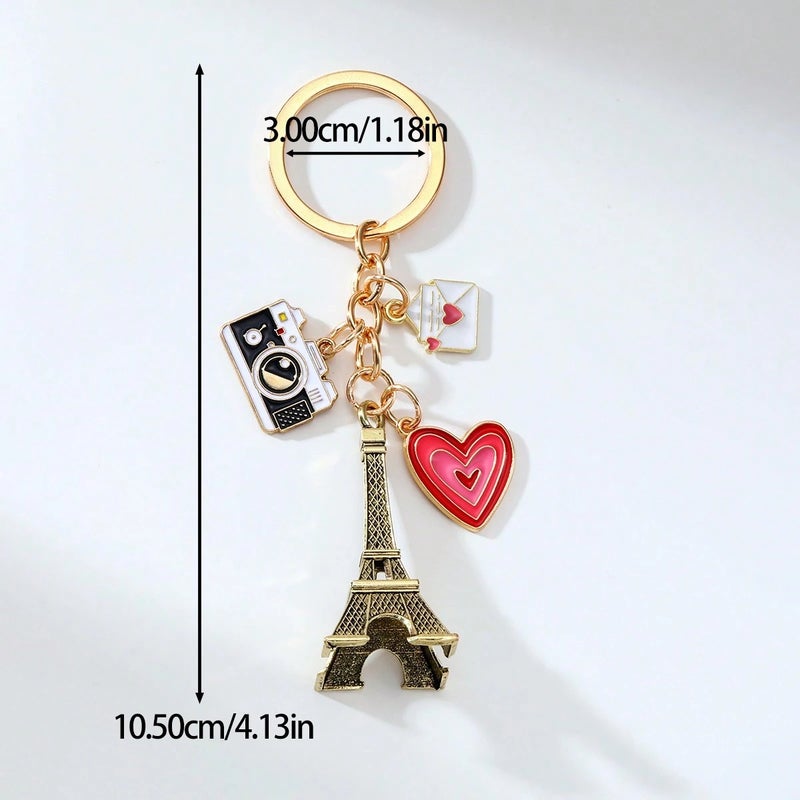 Eiffel Tower Keychain with Camera & Heart Charm – Paris-Inspired Elegant Accessory - Image 4