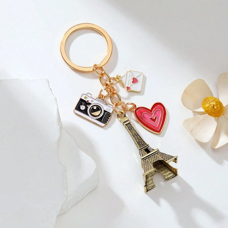 Eiffel Tower Keychain with Camera & Heart Charm – Paris-Inspired Elegant Accessory - Image 2