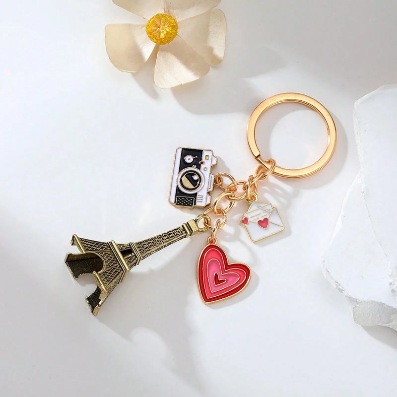 Eiffel Tower Keychain with Camera & Heart Charm – Paris-Inspired Elegant Accessory - Image 3