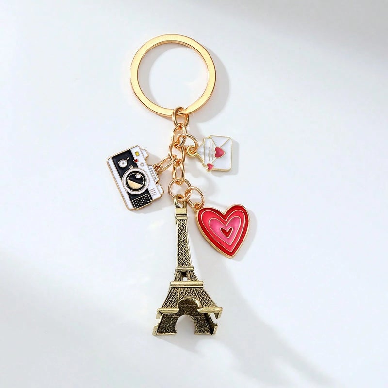Eiffel Tower Keychain with Camera & Heart Charm – Paris-Inspired Elegant Accessory - Image 1