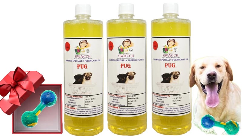 swacch Pug Dog Shampoo + Dumbbell Toy I Durable Rubber Dog Toy for Chewing I Playing,Teeth Cleaning & Training Toy I Combo Pack I 1 Litre Pack of 3 Lemon - Image 1