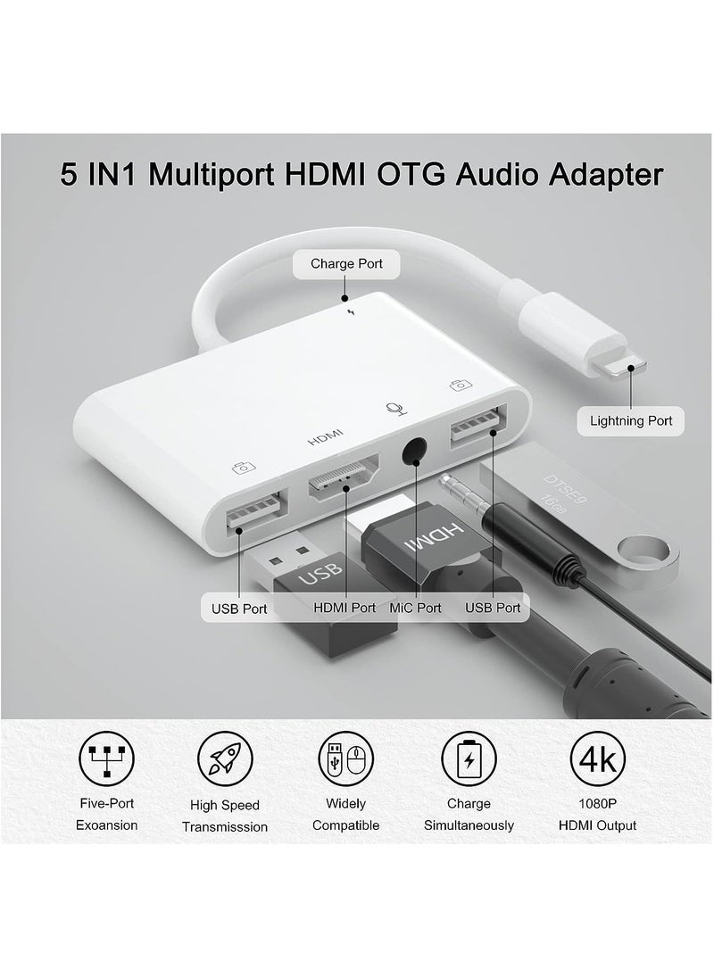 Generic - iPhone Microphone Adapter for Live-Streaming, HDMI Adapter for iPhone to TV, Dual USB Female OTG Adapter with Charging Port Compatible with iPhone/iPad/iPod, No Application, Plug and Play - Image 1