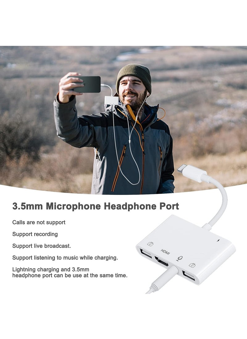 Generic - iPhone Microphone Adapter for Live-Streaming, HDMI Adapter for iPhone to TV, Dual USB Female OTG Adapter with Charging Port Compatible with iPhone/iPad/iPod, No Application, Plug and Play - Image 1