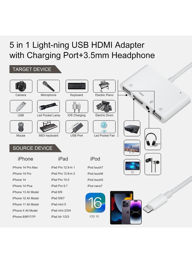 Generic - iPhone Microphone Adapter for Live-Streaming, HDMI Adapter for iPhone to TV, Dual USB Female OTG Adapter with Charging Port Compatible with iPhone/iPad/iPod, No Application, Plug and Play - Image 1