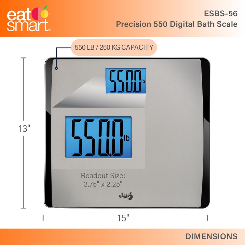 EatSmart Eat Smart Precision 550 Pound Extra-High Capacity Digital Bathroom Scale, Extra-Wide Platform, Stainless Steel Body Weight Scale with Step-On Tech, Silver - Image 2