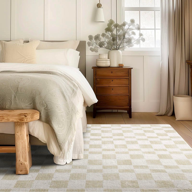 EVERGRACE Checkered Plaid Area Rug 6x9, Soft Faux Wool Rugs Washable Anti Slip Rugs Large Rug Carpet for Entryway Bedroom Living Room Hallway Kitchen Dining Room and Laundry Room, Beige - Image 1