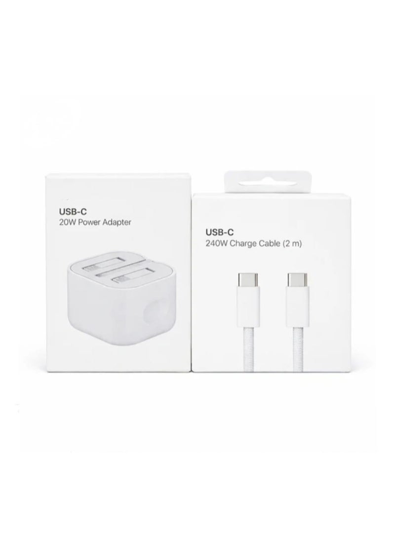 محول طاقة أصلي USB-C بقوة 20 واط مع كابل شحن USB-C بطول مترين بقوة 240 واط لأجهزة iPhone (مجموعة كومبو) أبيض - Image 1