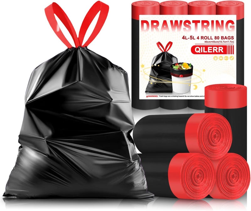 QILERR 4-6L Drawstring Bin Liners - 80 Count Small Black Garbage Bags with Tie Handles - Image 1