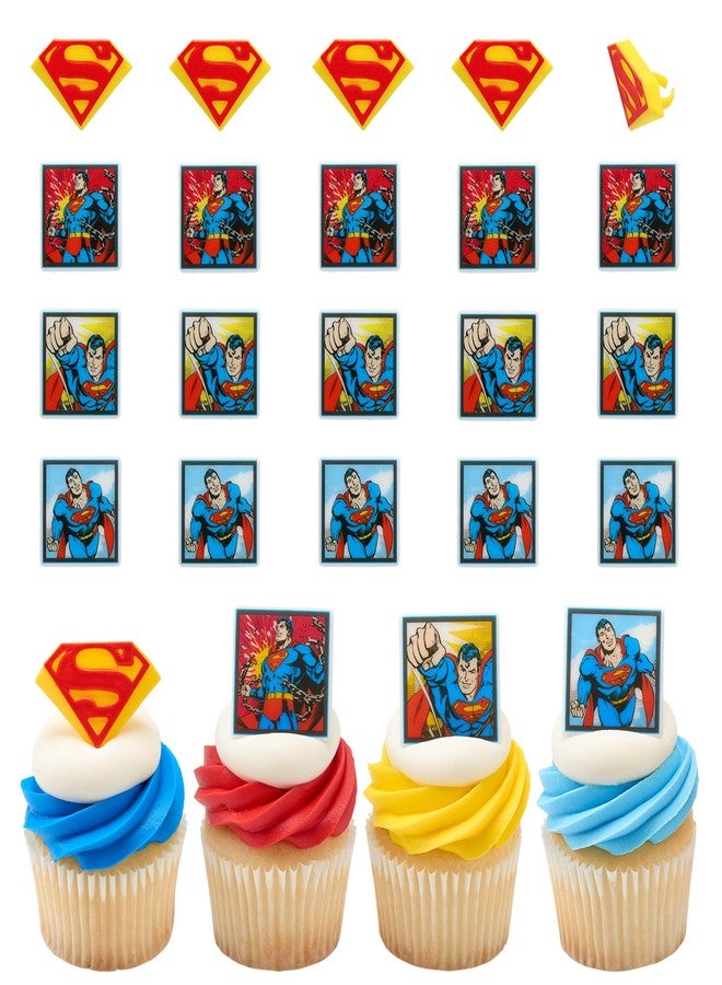 DecoPac 24 Superman Cupcake Rings, Superhero DC Cupcake Decorations, Food Safe Cake Toppers - 24 Pack - Image 1