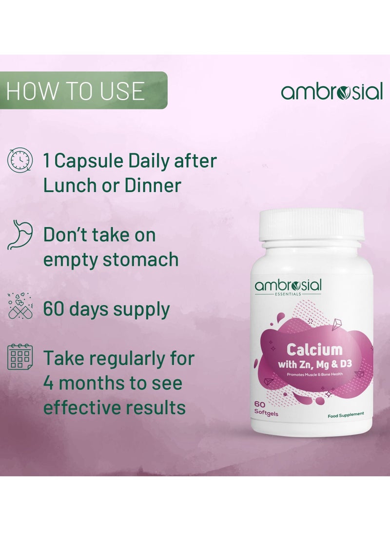 ambrosial - Calcium Magnesium Zinc And Vitamin D3 Calcium Tablets- 60 Softgels - Image 1
