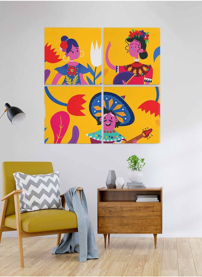 LOWHA Set Of 4 Framed Square Canvas Wall Arts Stretched Over Wooden Frame, Colorful Characters Painting, For Home, Living Room, Office Decor  - Image 1
