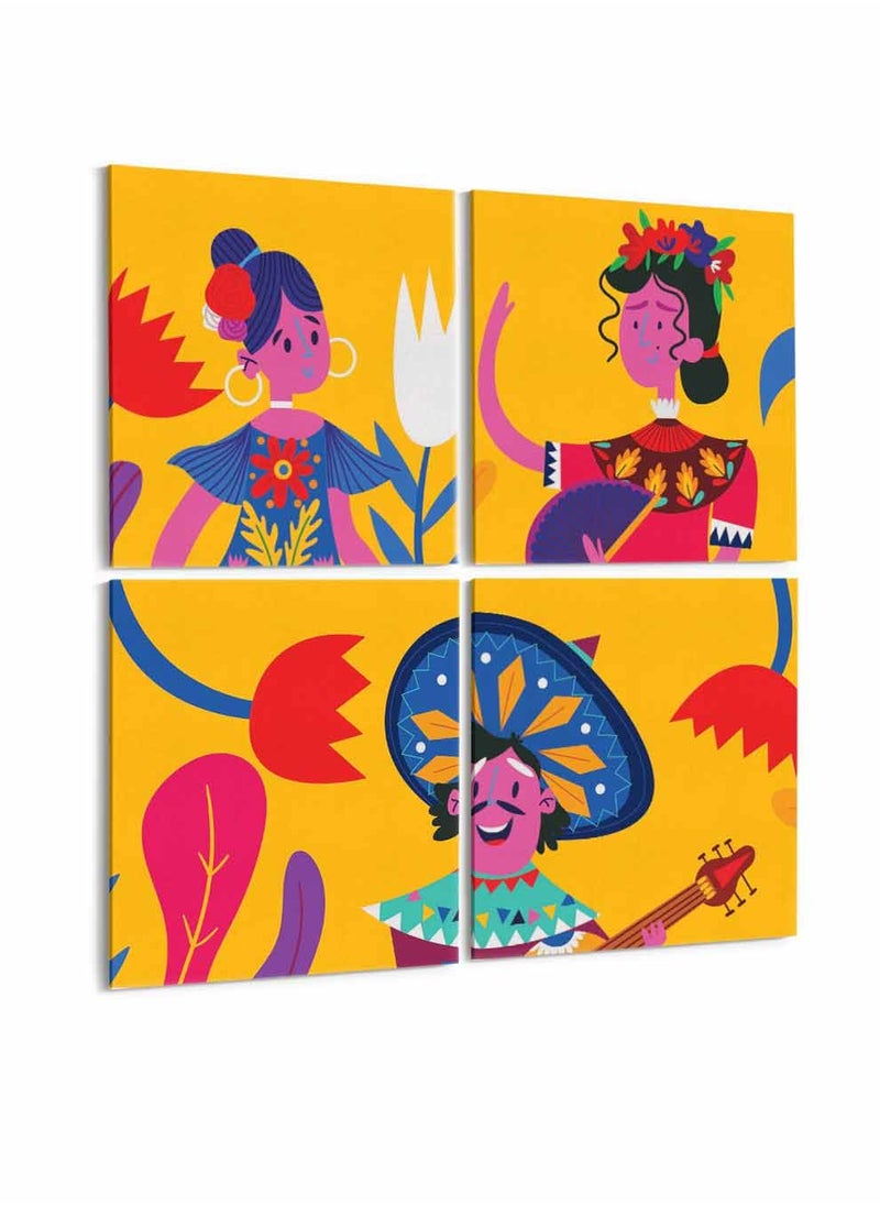 LOWHA Set Of 4 Framed Square Canvas Wall Arts Stretched Over Wooden Frame, Colorful Characters Painting, For Home, Living Room, Office Decor  - Image 4