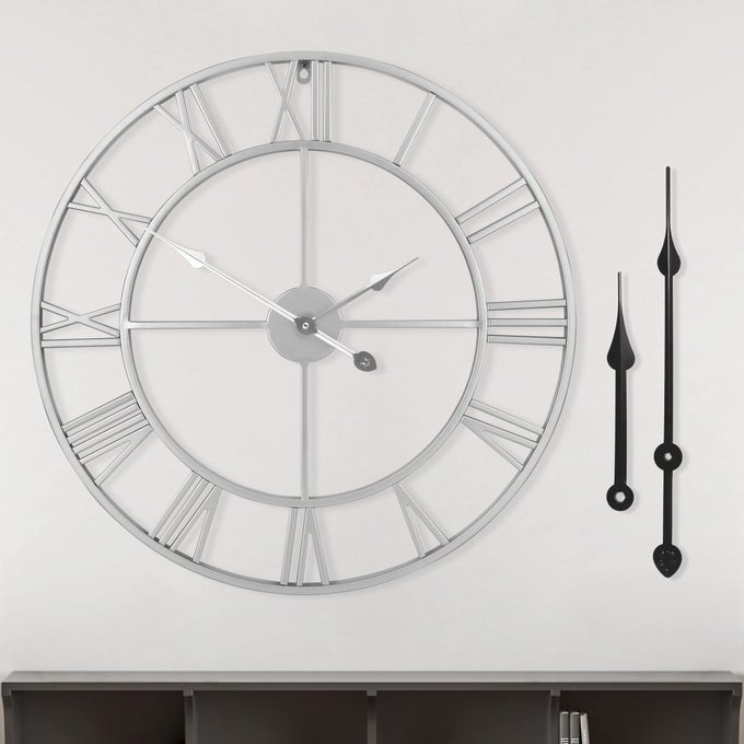 24 MODERN LARGE WALL CLOCKSVINTAGE ROUNDSILENT NON TICKINGBATTERY OPERATEDSILVER METAL ROMAN NUMERALS CLOCK FOR LIVING ROOMBEDROOMKITCHEN DECOR