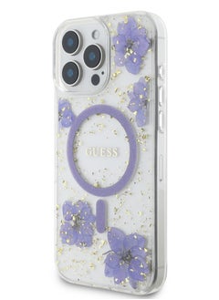 GUESS iPhone 16 Pro Magsafe Case Hard Cover with Resin Flowers Design / Drop protection / Comfortable Grip- Purple  - Image 5