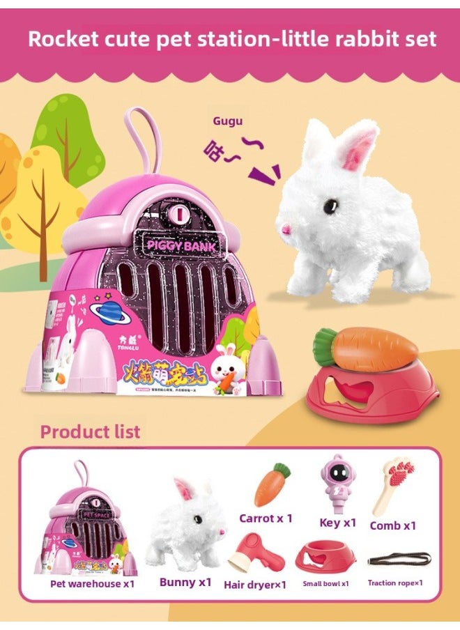 Children's Plush Rabbit Simulation Electric Pet Dog Will Walk Will Call Pet Cat Boys And Girls Gift Toys Wholesale-Color:Rocket Cute Pet Station (electric Plush Rabbit)  - Image 1