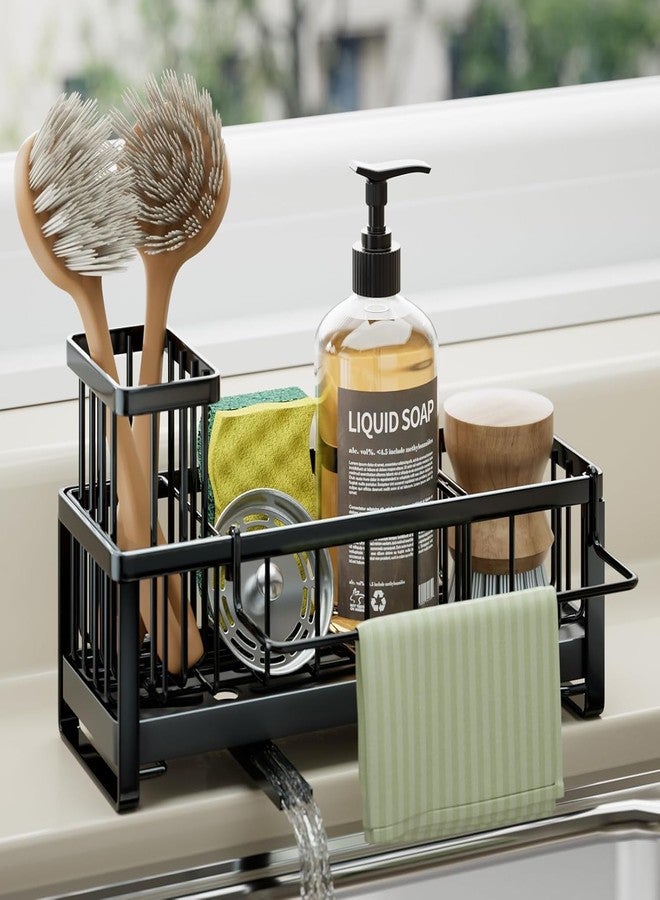GALV Sink Caddy Sponge Holder for Kitchen with Brush Holder and Big Metal Sink Draining Rack, Rustproof Kitchen Sink Organizer for Sponge, Soap Dispenser Storage Accessories (Black) (1 pcs) - Image 1