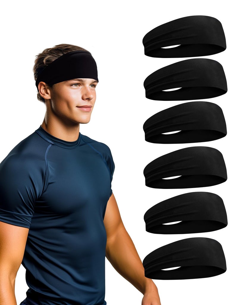 Kninmdor 6 Pack Sport Headbands for Men & Women, Sweat Wicking Workout Sweatband, Black Hairband for Running, Cycling, Football, Yoga (Black 6 Pack) - Image 1
