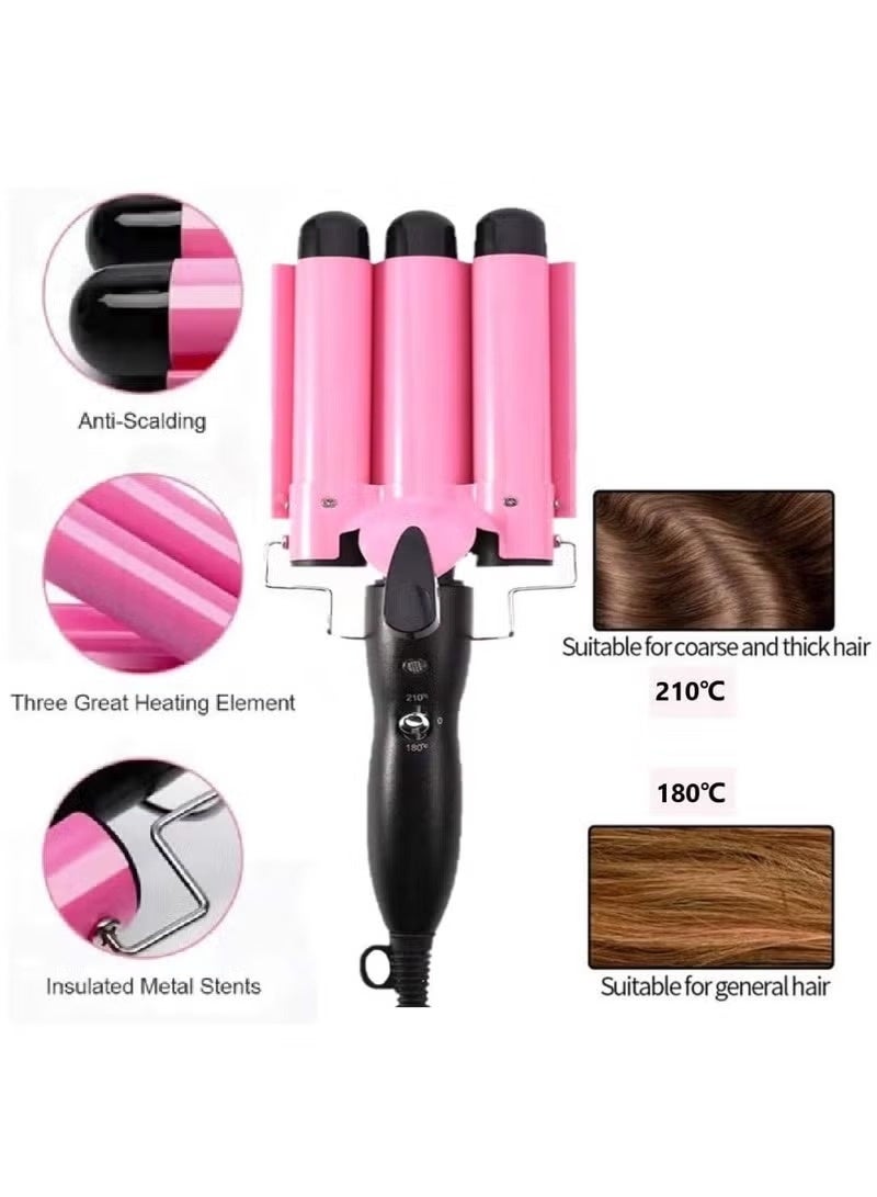 3 Barrel Curling Iron Hair Crimper 22mm Professional Hair Curling Wand with Two Temperature Control Fast Heating Portable Crimpers for Waving Hair (Pink) - Image 1