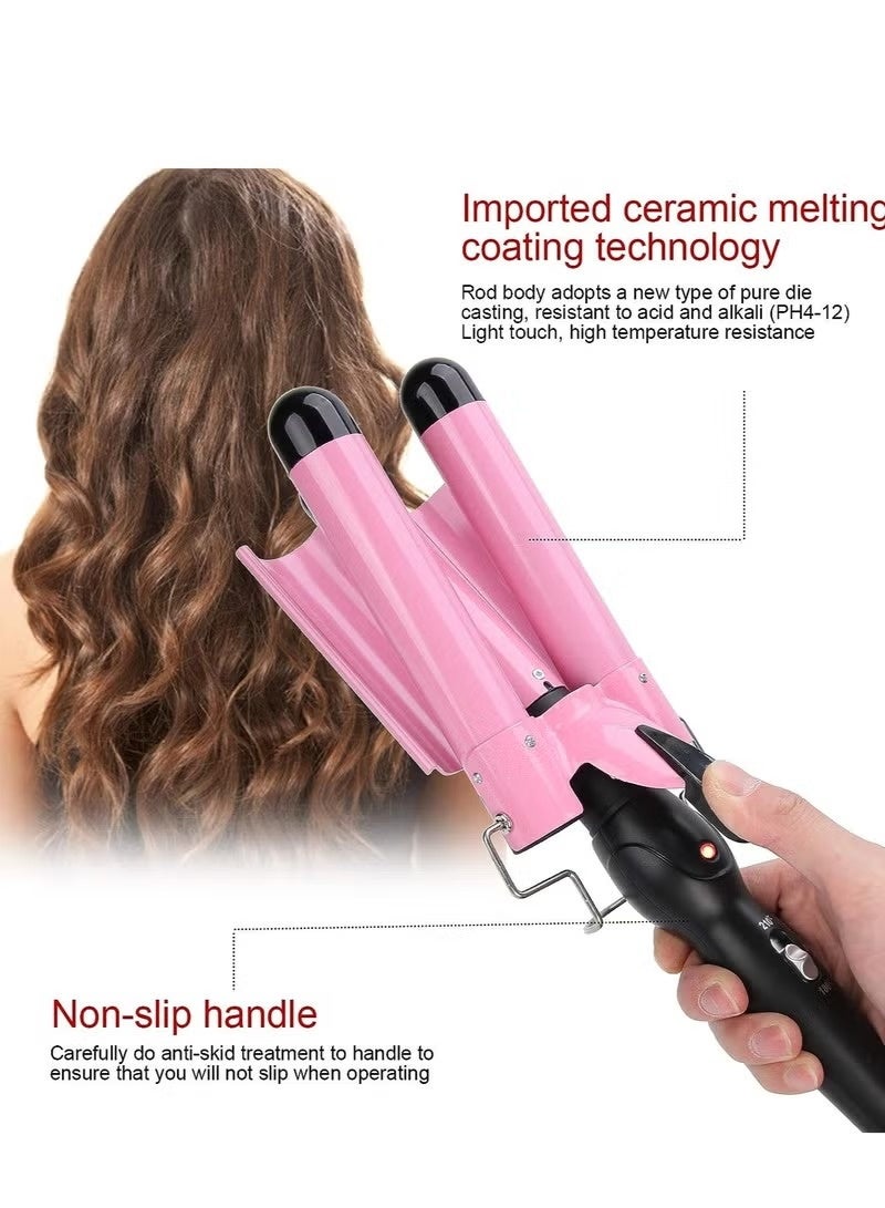 3 Barrel Curling Iron Hair Crimper 22mm Professional Hair Curling Wand with Two Temperature Control Fast Heating Portable Crimpers for Waving Hair (Pink) - Image 4
