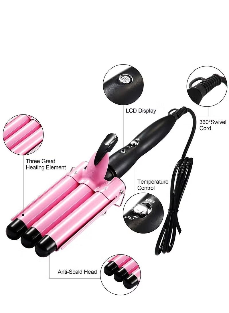 3 Barrel Curling Iron Hair Crimper 22mm Professional Hair Curling Wand with Two Temperature Control Fast Heating Portable Crimpers for Waving Hair (Pink) - Image 2