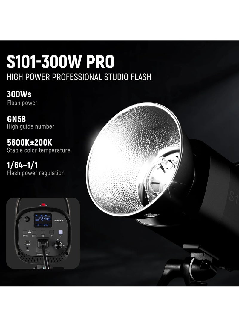 NEEWER S101-300W Pro Studio Flash Lighting Kit (New Version, UK) – 2× 300W Strobe Lights + 2× Light Stands + 2× Softboxes + 2× Wireless Triggers + Reflector + Carrying Bag - Image 2