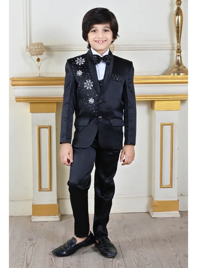 BT DEZINES Black Satin Beadwork Suit Set for Boys