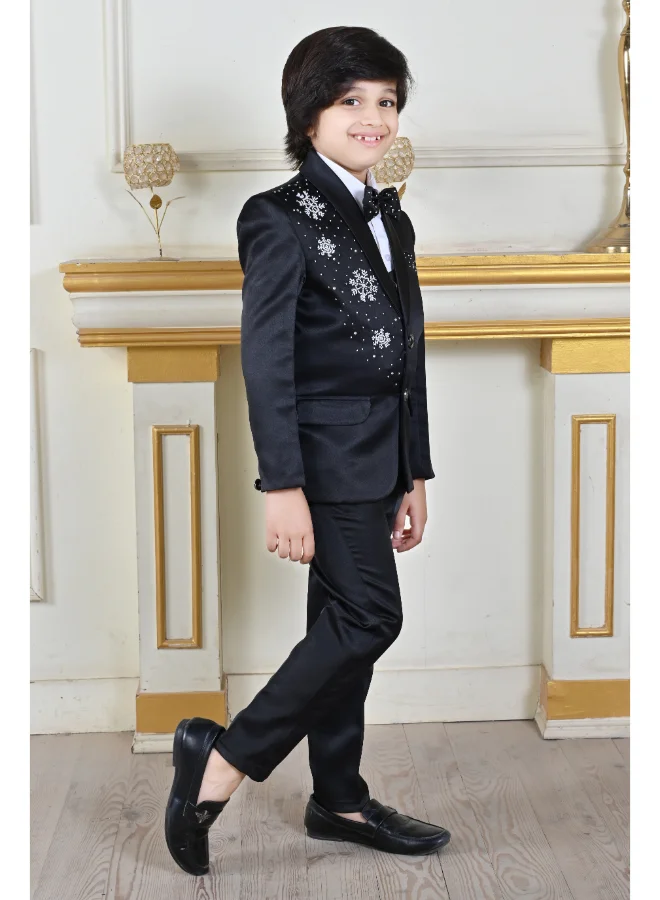 BT DEZINES Black Satin Beadwork Suit Set for Boys