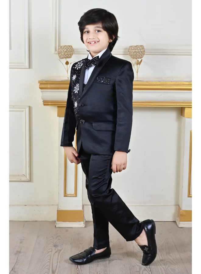 BT DEZINES Black Satin Beadwork Suit Set for Boys