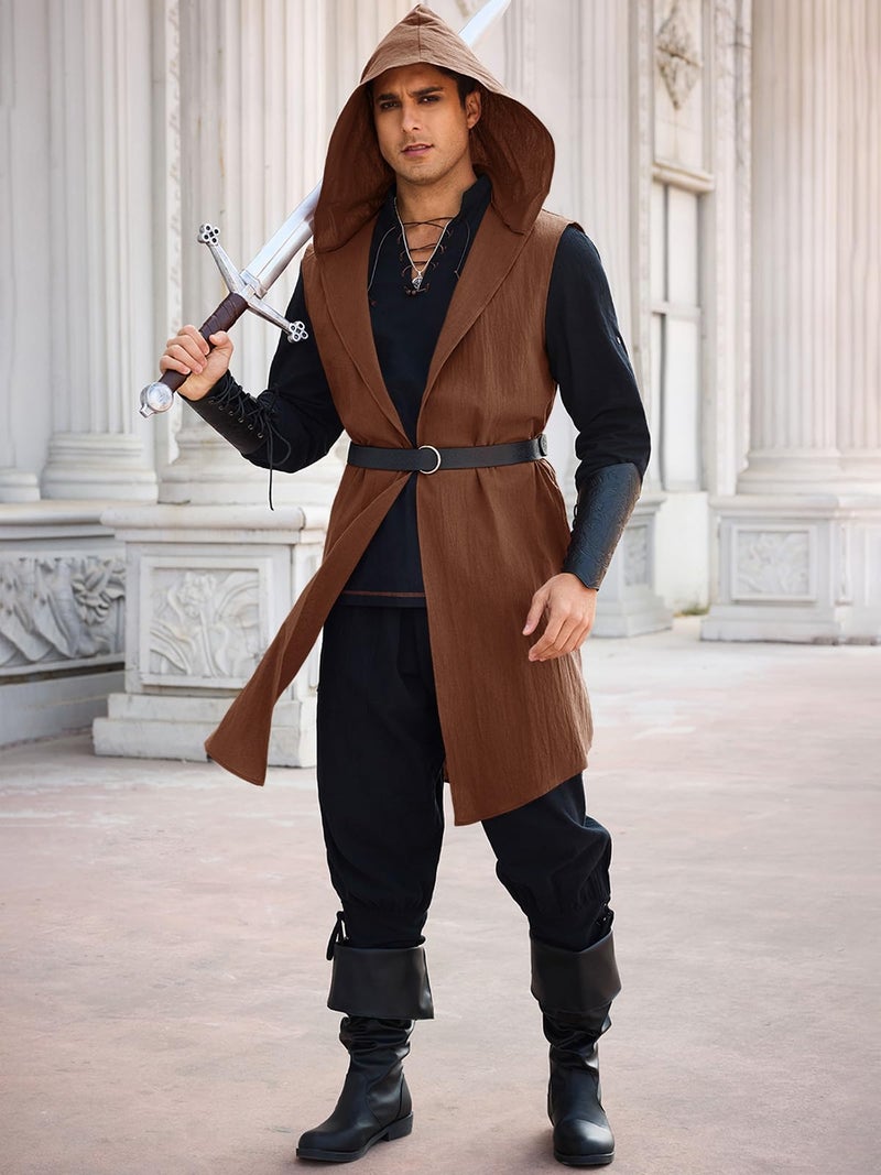 Runcati Mens Renaissance Costume Hooded Surcoat Medieval Knight Sleeveless Tunic Tops Tabard Viking Holloween Cloak - Image 4