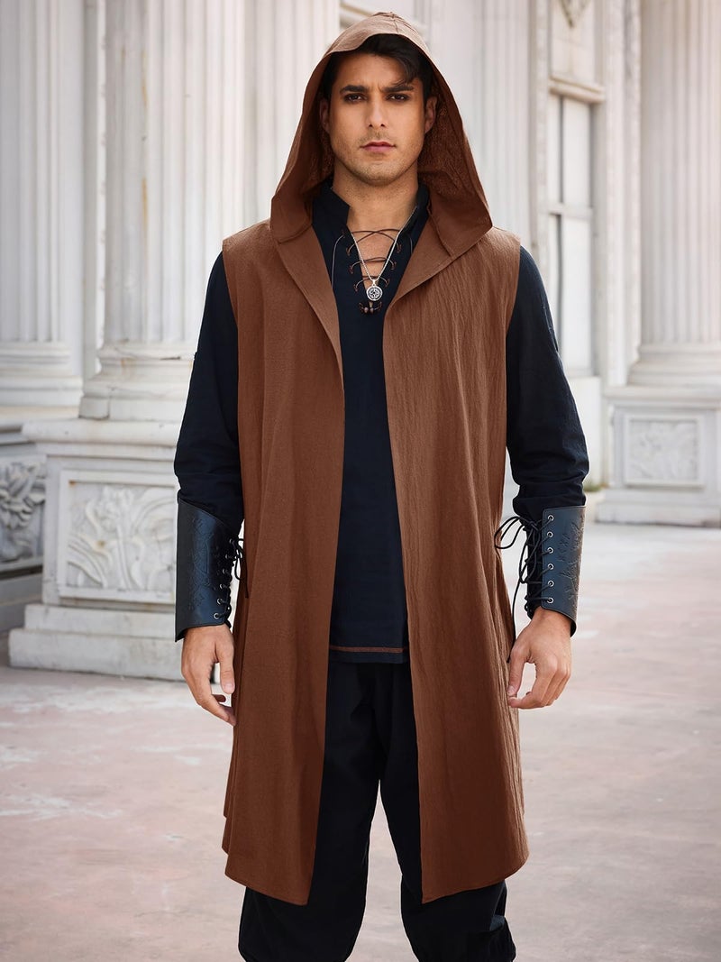 Runcati Mens Renaissance Costume Hooded Surcoat Medieval Knight Sleeveless Tunic Tops Tabard Viking Holloween Cloak - Image 2